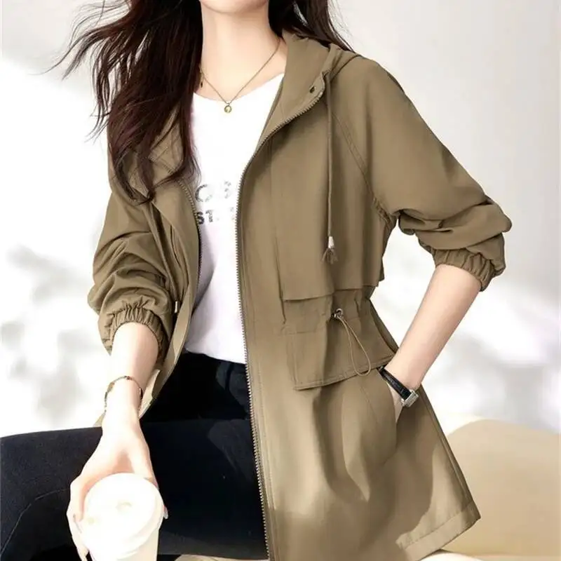 

Women Trench Coat 2025 New Spring Autumn Clothes Hooded Windbreaker Jacket Female Outerwear Tops Slim Joker Casual Student Coats