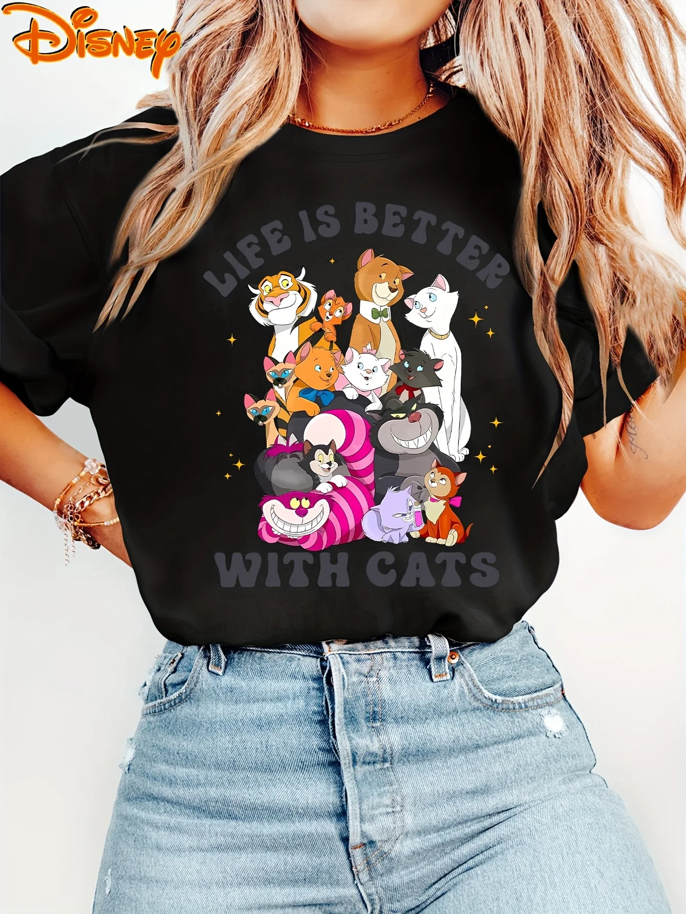 

2025 Disney Pattern Printed Women's Casual Comfortable Unique Smiling Face Black Round Neck Short Sleeve T-shirt