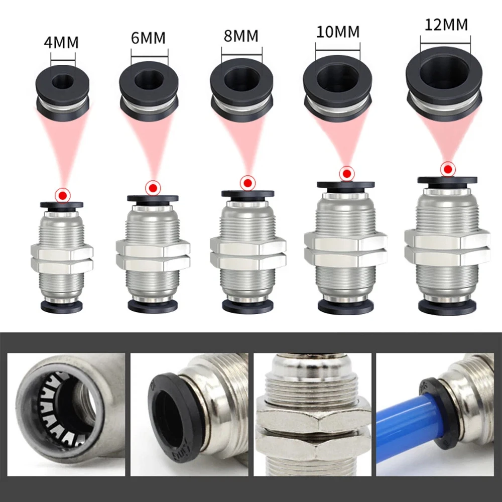 1~10Pcs Push-Fit 4/6/8/10/12mm PM Straight Pneumatic Air Fittings Bulkhead Union Connector Pneumatic Push to Connect Fitting