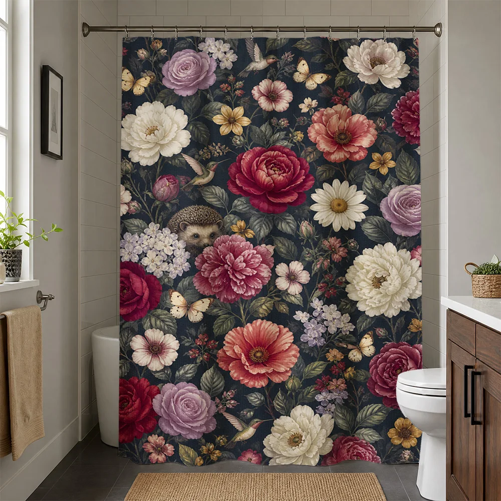 Luxury Waterproof Floral Shower Curtain Rose Peony Print Bathroom Decor Botanical Wall Tapestry Realistic Dark Floral Shower Cur