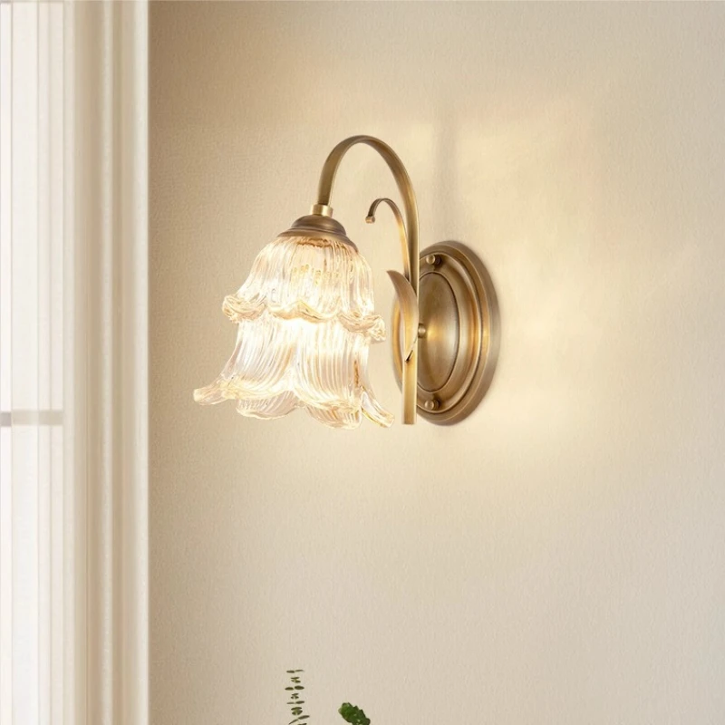 

French Luxury Single/double Head Flower Shape Glass Wall Lamp Brass Light Retro Living Room Bedroom Restaurant Hotel LED Sconces