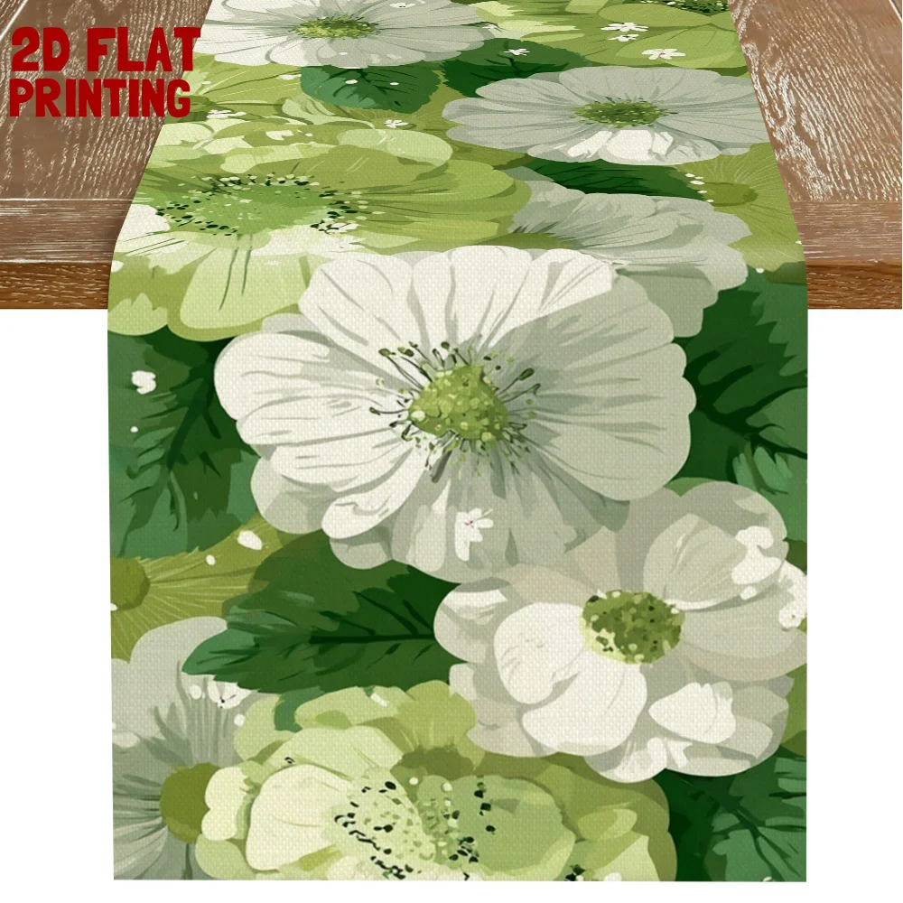 1 Piece of Fresh Green and White Gardenia Pattern Table Runner, Suitable for Farmhouse, Indoor, Kitchen, Celebrations, Table Decoration, Restaurant and Banquet Decoration Supplies