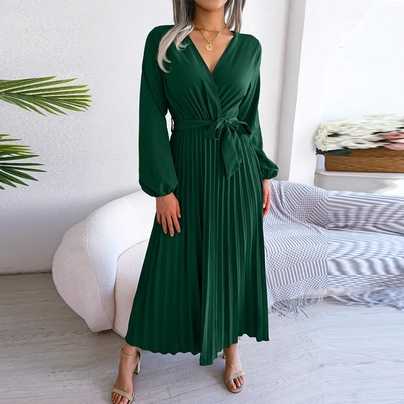 

Spring Autumn Long Sleeve Elegant Fresses For Women V Neck Evening Dresses Pleat Long Dress 2024 New Fashion Wholesale