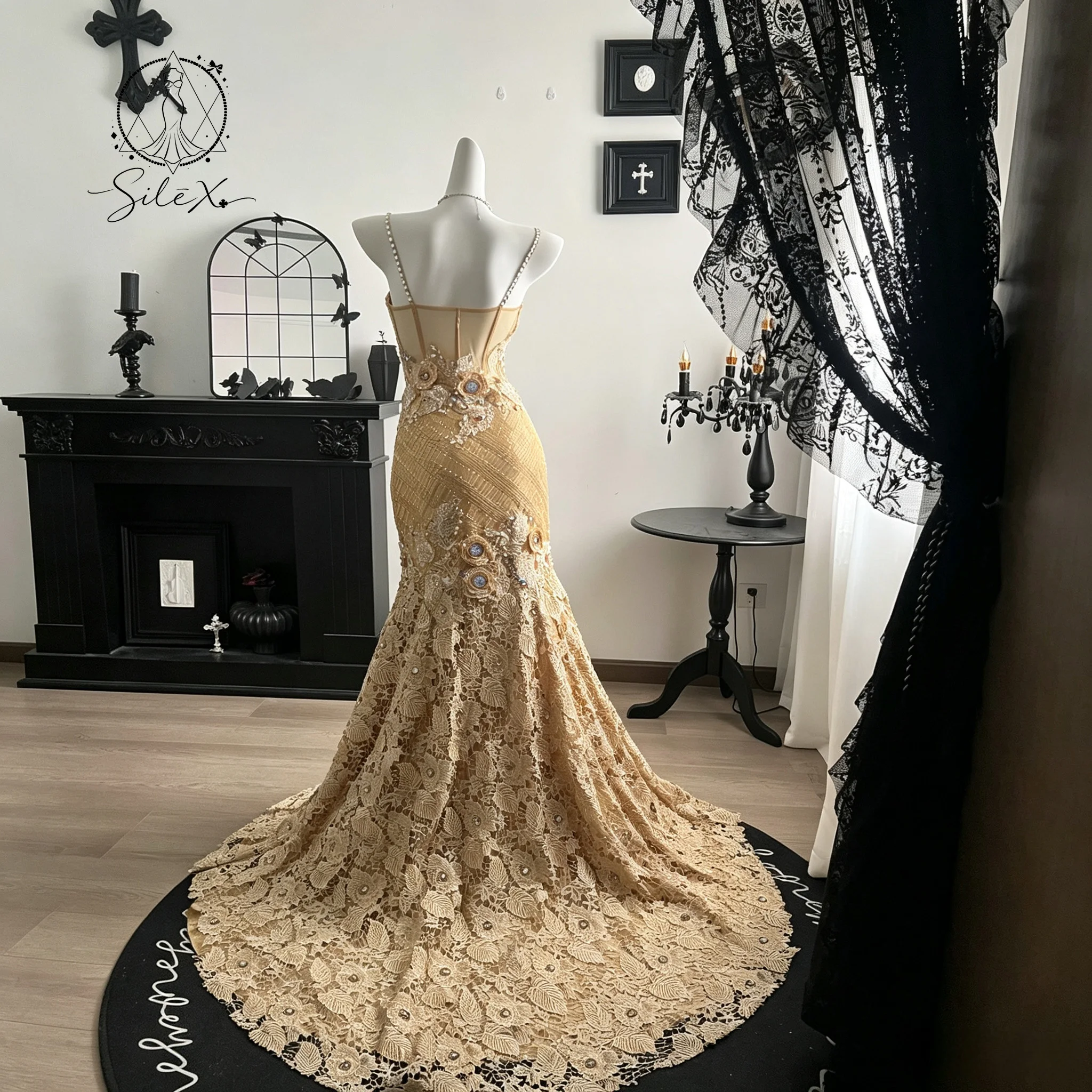 Gold bandeau off-the-shoulder fish tail floor-length formal evening dress with exquisite embroidery and crystal embellishments