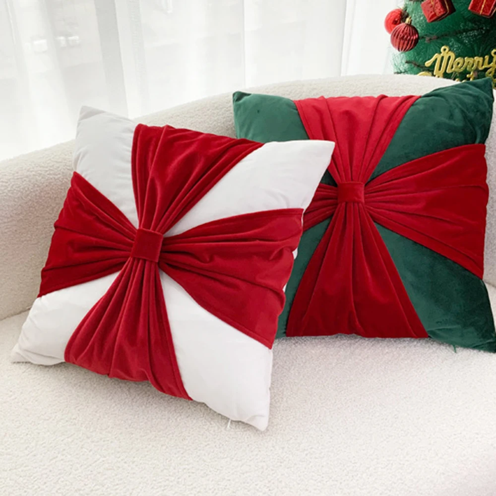 Christmas Holiday Decoration Throw Pillowcase Flannelette Bow Sofa Pillow Cover Living Room Decoration Cushion Cover 45X45