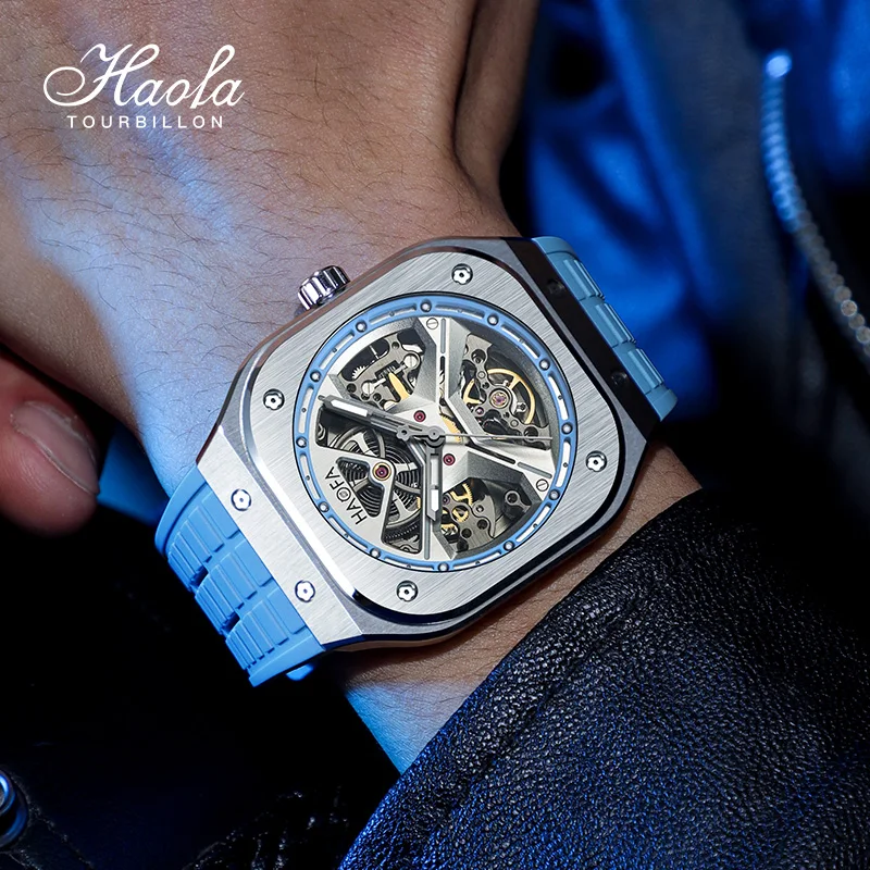 Haofa สแควร์ Automatic Mechanical Sapphire นาฬิกาผู้ชายโครงกระดูกนาฬิกาผู้ชาย Luminous Luxury นาฬิกา 80 ชั่วโมง 1961