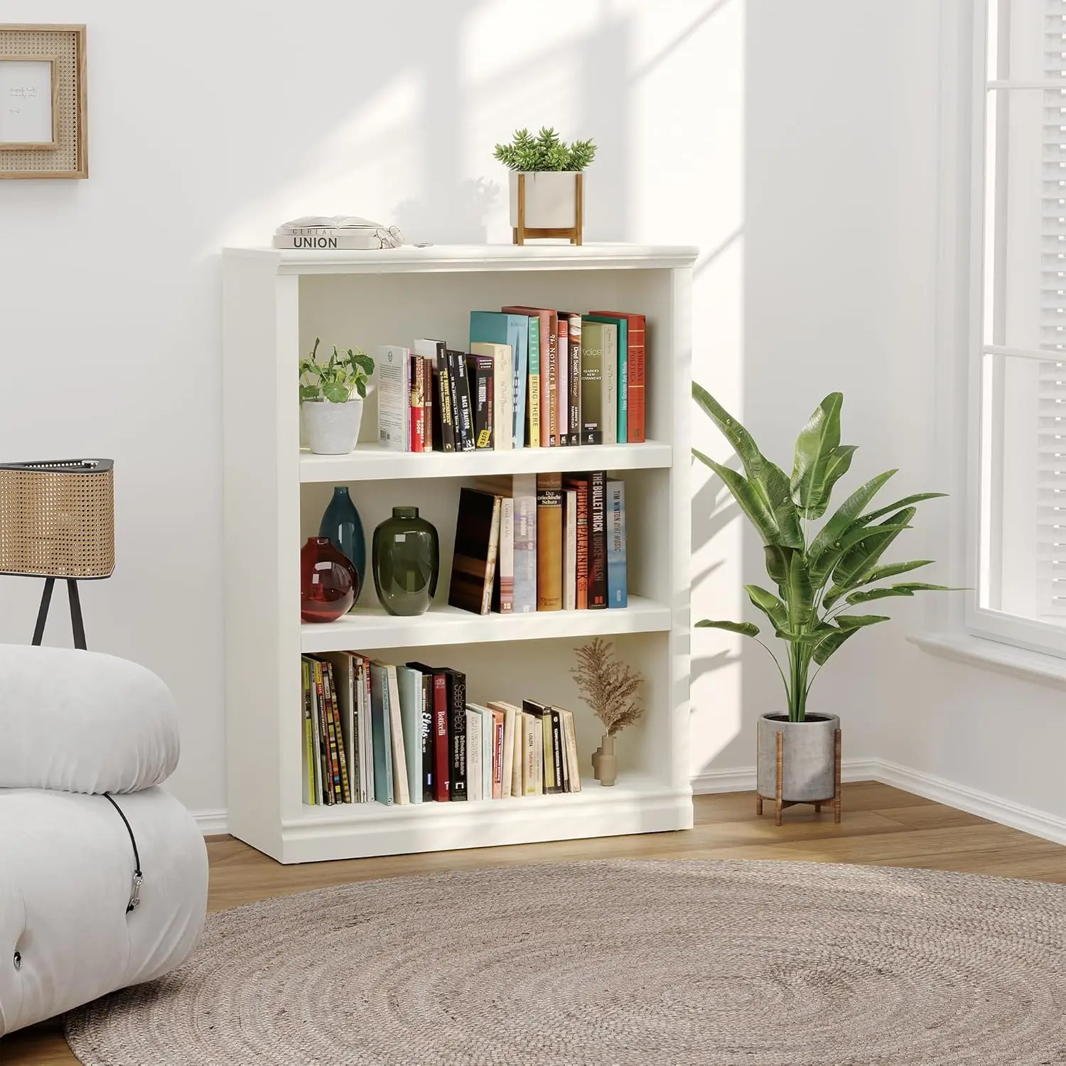 43인치 화이트 3단 바닥 책장, 33인치 넓은 개방형 수납 공간, 가정, 학교, 사무실용