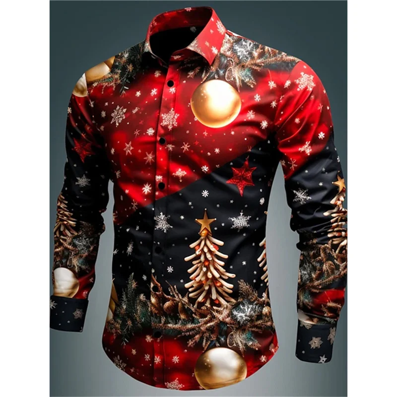 

3D Printed Snowman Snowflake Hawaiian Shirts Men Christmas Decorations Pattern Aloha Shirts Loose Long Sleeve Lapel Tops Blouse