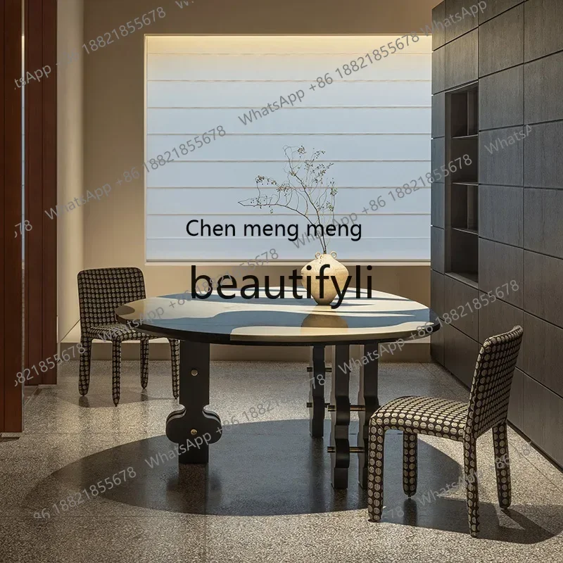 

X FH Italian Style Solid Wood Round Dining Table Home Guest Restaurant French Style Marble Large Round Table