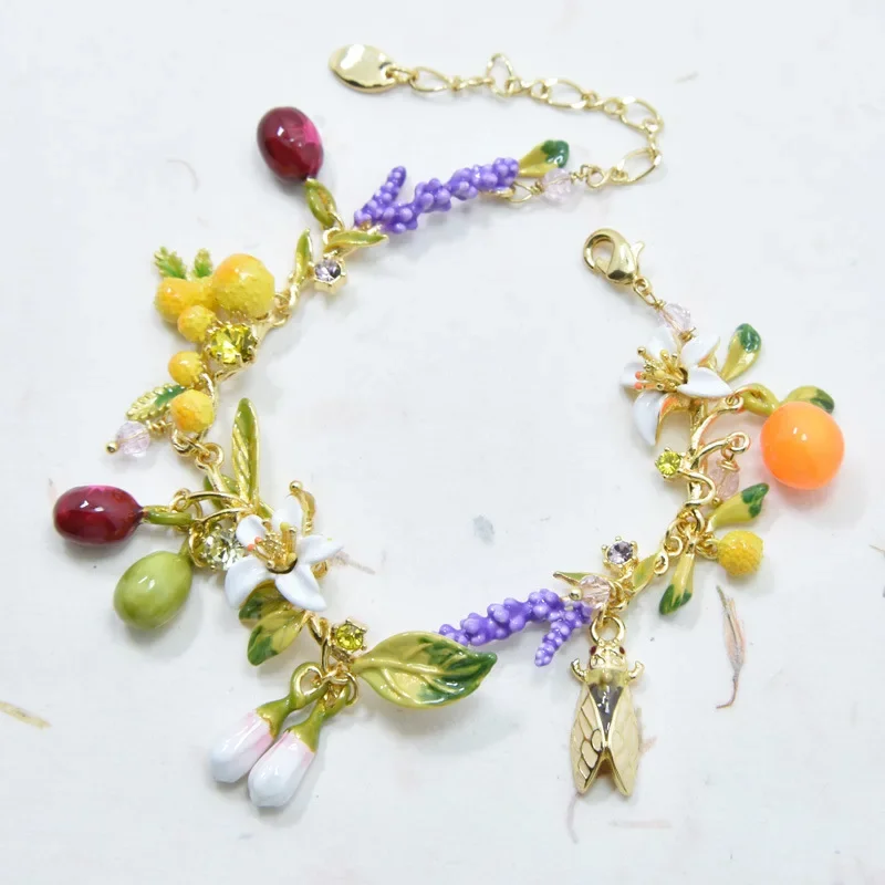 Trendy New Arrival Hand-painted Enamel Sensitive Plant Purple Lavender Cicada Bug Charming Pendant Bracelet Long Earrings Girls