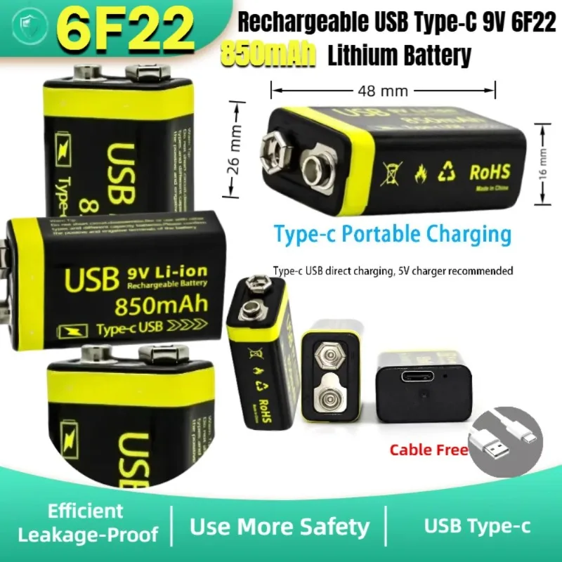 

6F22 9V 850mAh Li-ion Rechargeable Battery USB-C Rechargeable 9V 6F22 Long Lasting for RC Helicopter & Multimeter & Toys Model