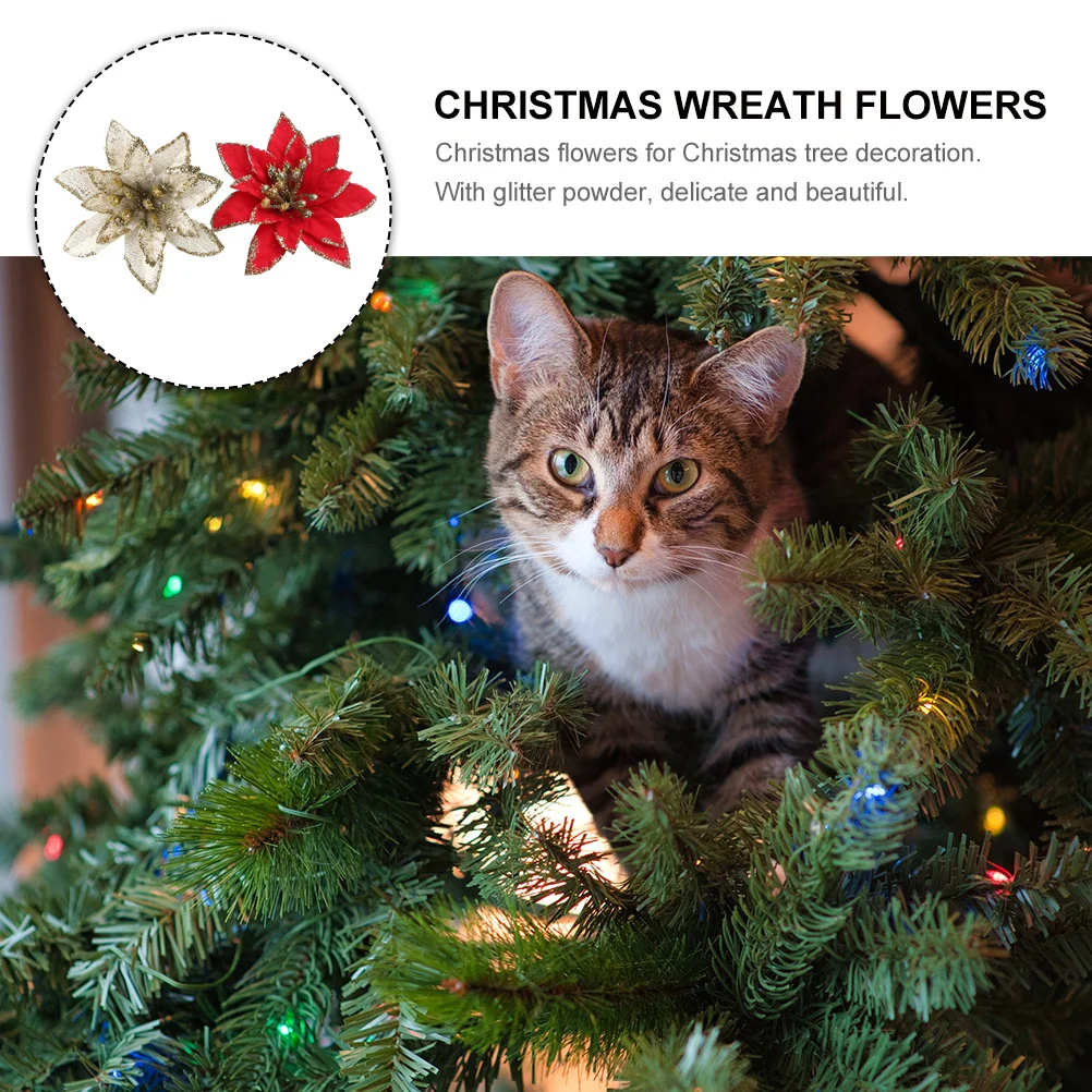 

24 Pcs Christmas Glitter Flowers Wreath Decor Artificial Adornment Decorative Red Decorations