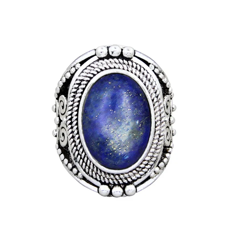 Oval Lapis Lazuli Rings For Women Natural Stone Flower Rings Vintage Antique Silver Plated Fashion Jewelry TR622