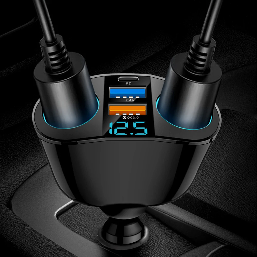 5 Port Cigarette Lighter Splitter QC3.0&PD 20W Super Fast Car Charger with Dual Cigarette Lighter Plug with LED Voltmeter
