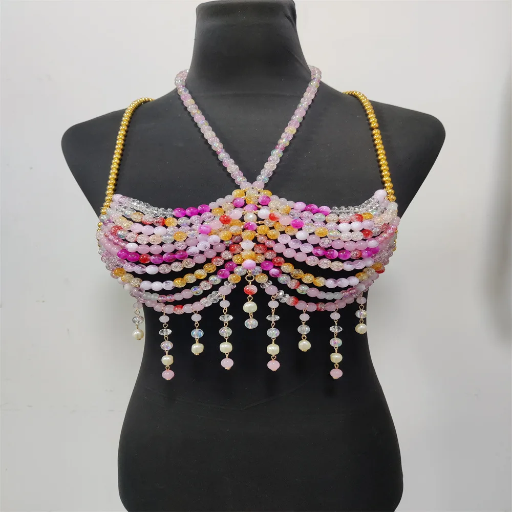 Pink Woman Tops Beading Camisole Vest Bikini Bra Top Body Exaggerated Pearl Neck Bustier Beachwear Lingerie Women's Club Rave