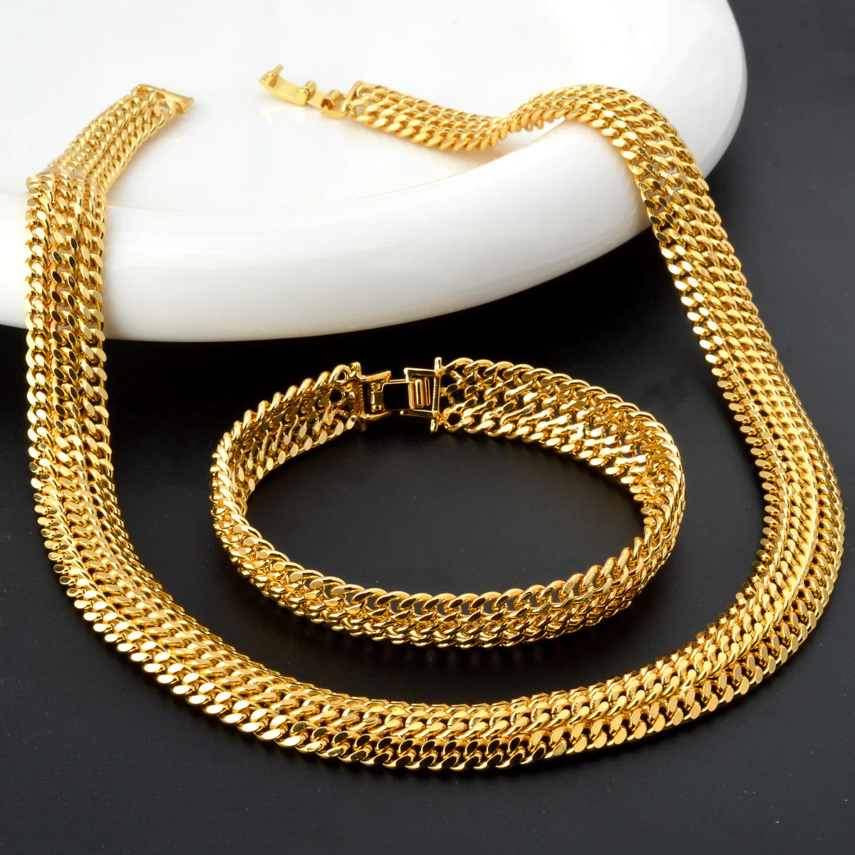 Sunny Jewelry Set Hiphop Punk Curb Cuban Necklace Earrings Bracelet For Women Men Gold Color Necklace Bracelet Accessories Gift