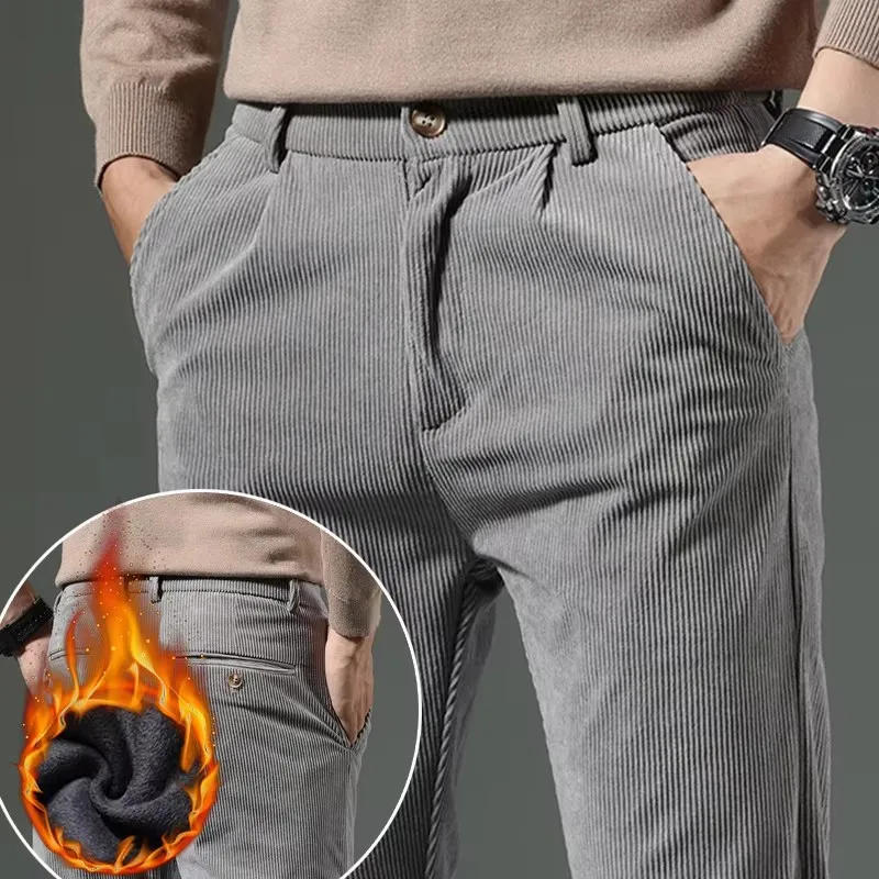 

Флисовые мужские вельветовые повседневные брюки из синели, эластичные однотонные деловые брюки, утепленная теплая зимняя теплая мужская одежда