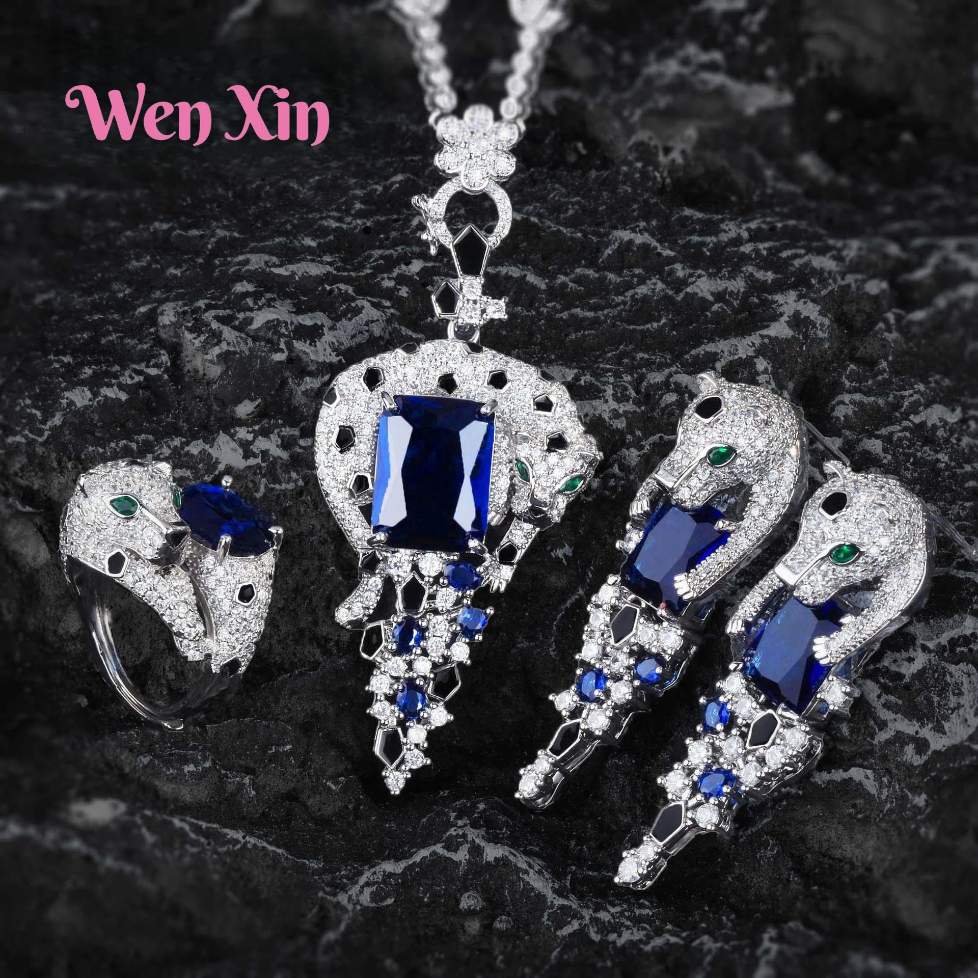 

WENXIN Brand MUSHAN MCT High Quality Sapphire Leopard Necklace Set High-End Pendant Blue Diamond Earrings Green Diamond Ring ﻿