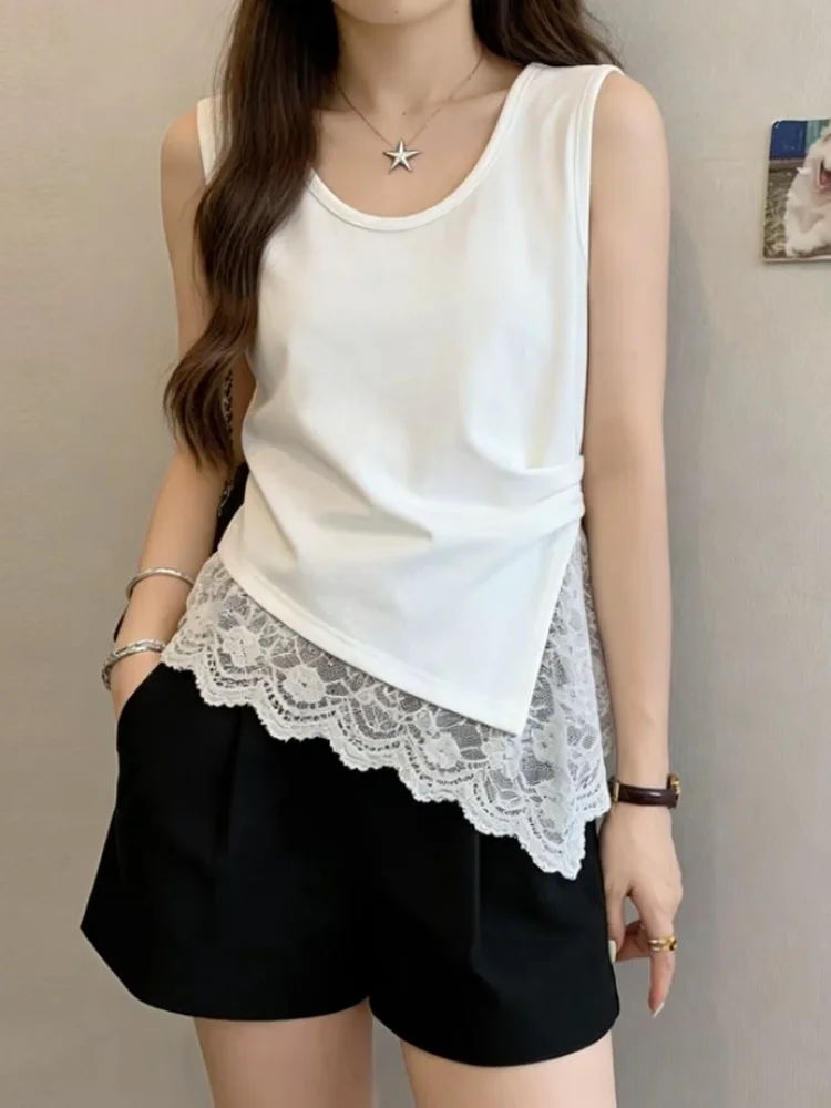 Lace Crop Top Women's Summer Sleeveless Vest Cotton 95% Elastic Fiber 5% Base Layer Innerwear Outerwear Casual Simple Style
