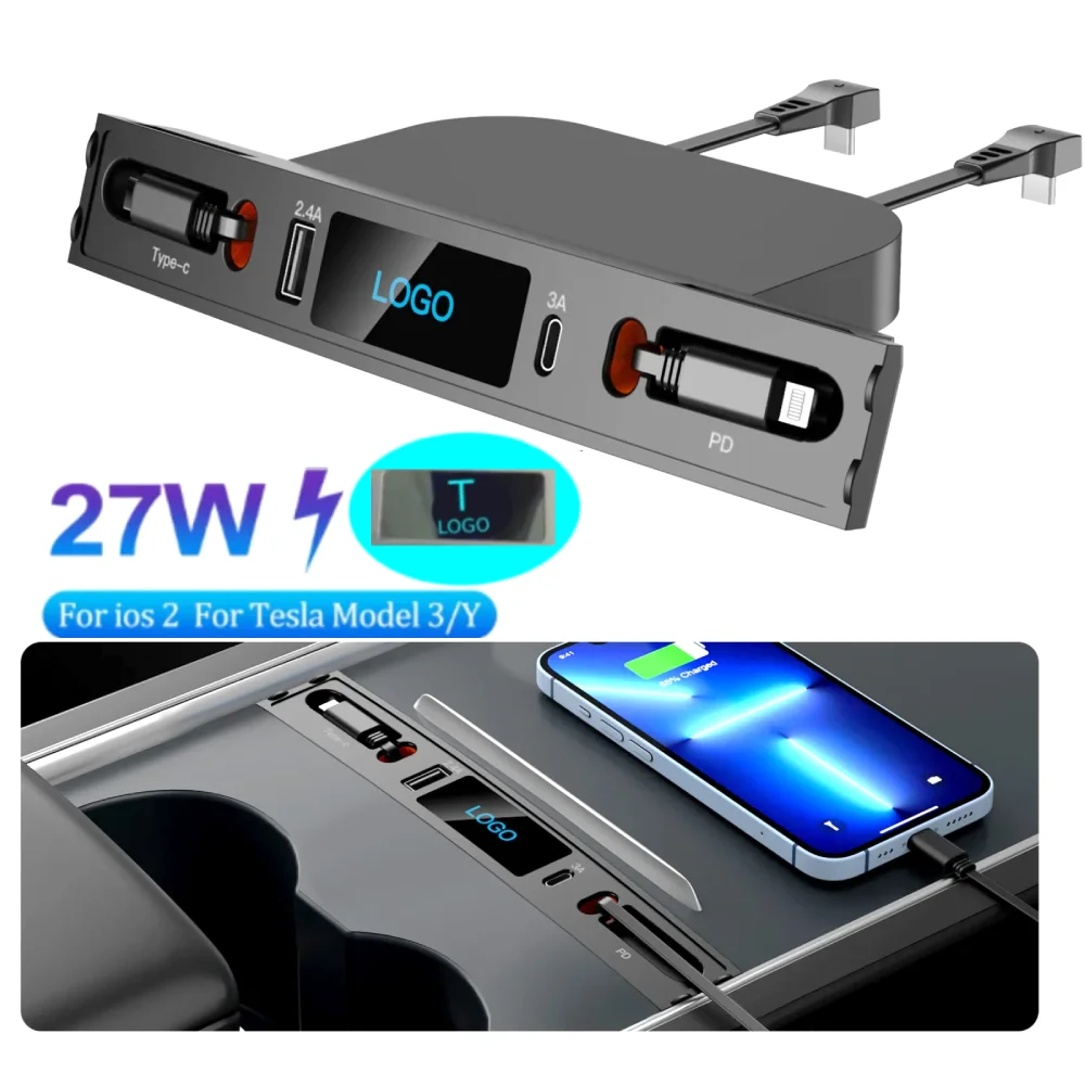 For Tesla Docking Station Intelligent 27W Quick Charger USB Shunt Hub For Model 3 Model Y Central Control Splitter 80cm line