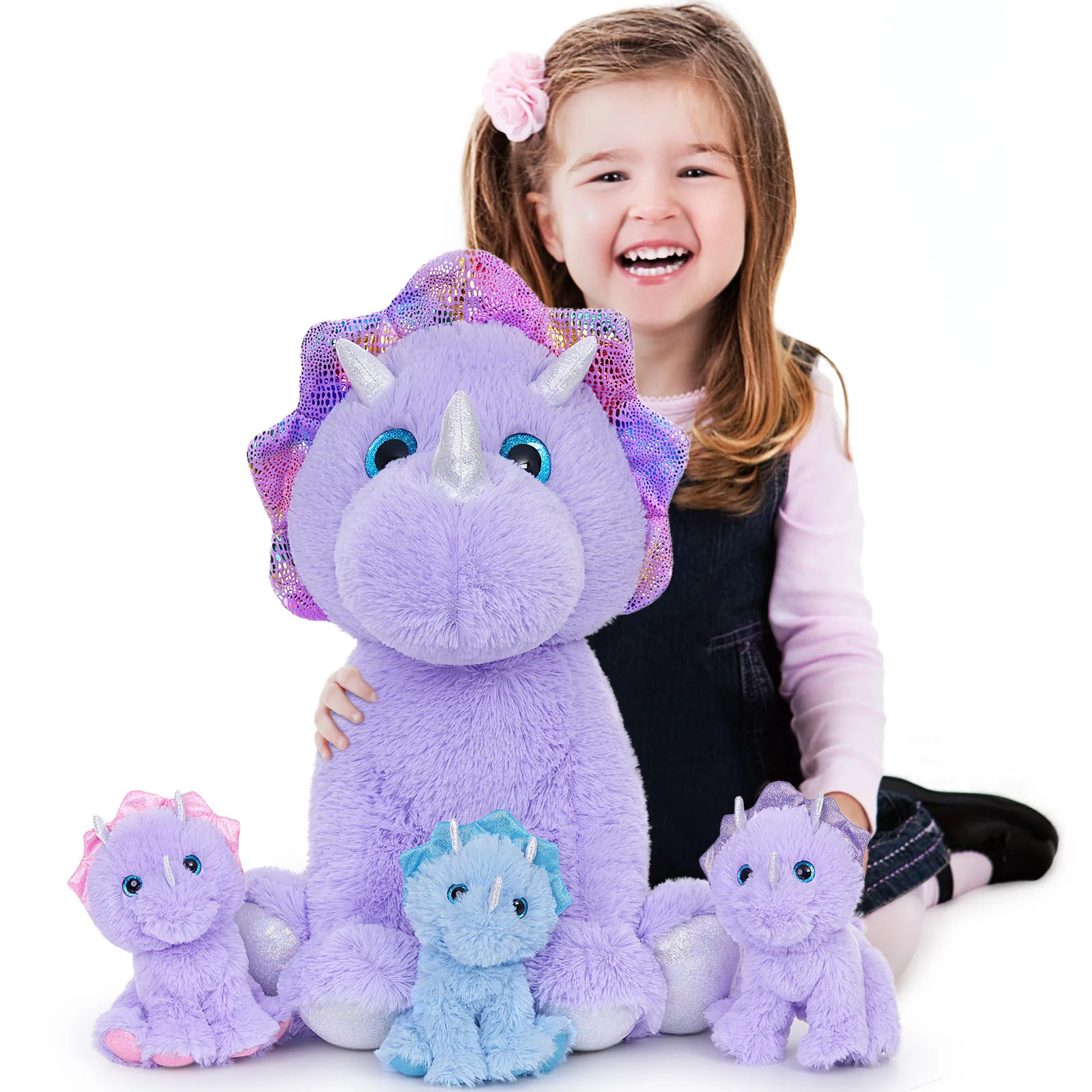 MaoGoLan Triceratops Animal en peluche, 21 pouces, maman dinosaure violet avec 3 bébés, ensemble de jouets d'oreiller en peluche dinosaure géant