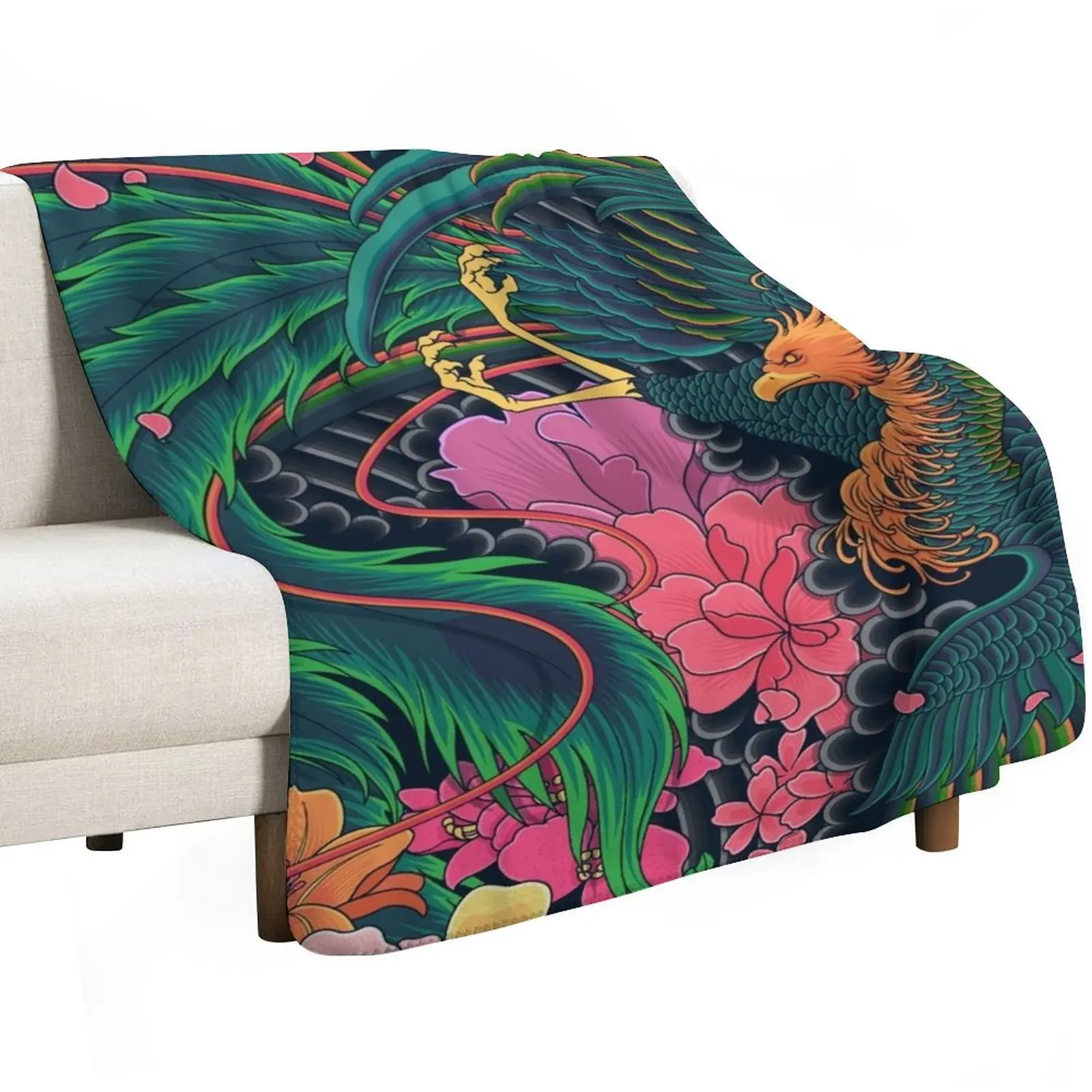 Japanese Motive Design, The Grand Phoenix Throw Blanket Portable Lightweight Blanket for Travel Camping