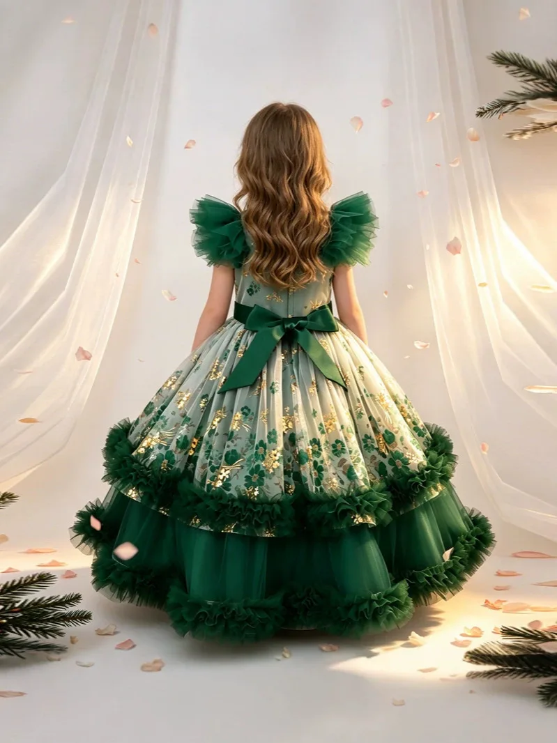 HETISO Children Girls Wedding Party Dress Floral Kids Piano Performance Pageant Celebration Formal Gown 3-12 Years