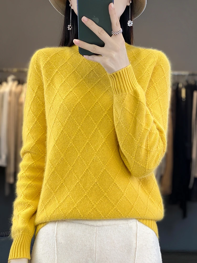 Long Sleeve Autumn Winter Sweater Mock Neck Solid Pullover 100% Merino Wool Grace Basic Cashmere Knitwear Korean Fashion Tops