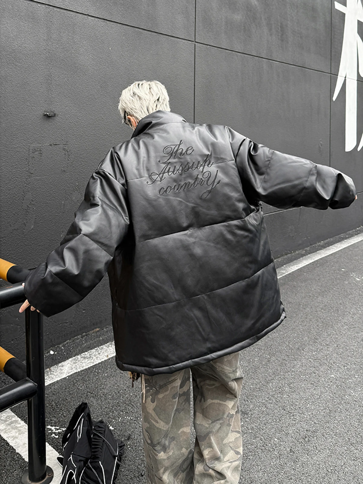 

Мужская зимняя утепленная куртка из искусственной кожи с вышивкой, хлопковая, в американском стиле, свободного кроя, с длинными рукавами, для мотоциклистов