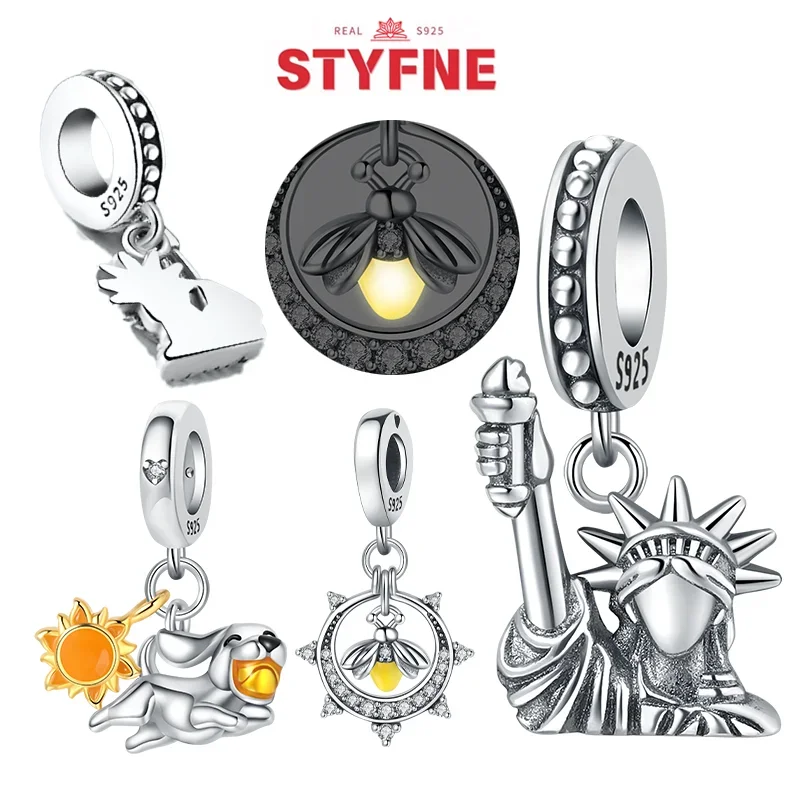 Original Silver S925 Lady Liberty Luminous Firefly Charms Beads Fit Pandora Original Bracelets for Women DIY Jewelry Gift Making