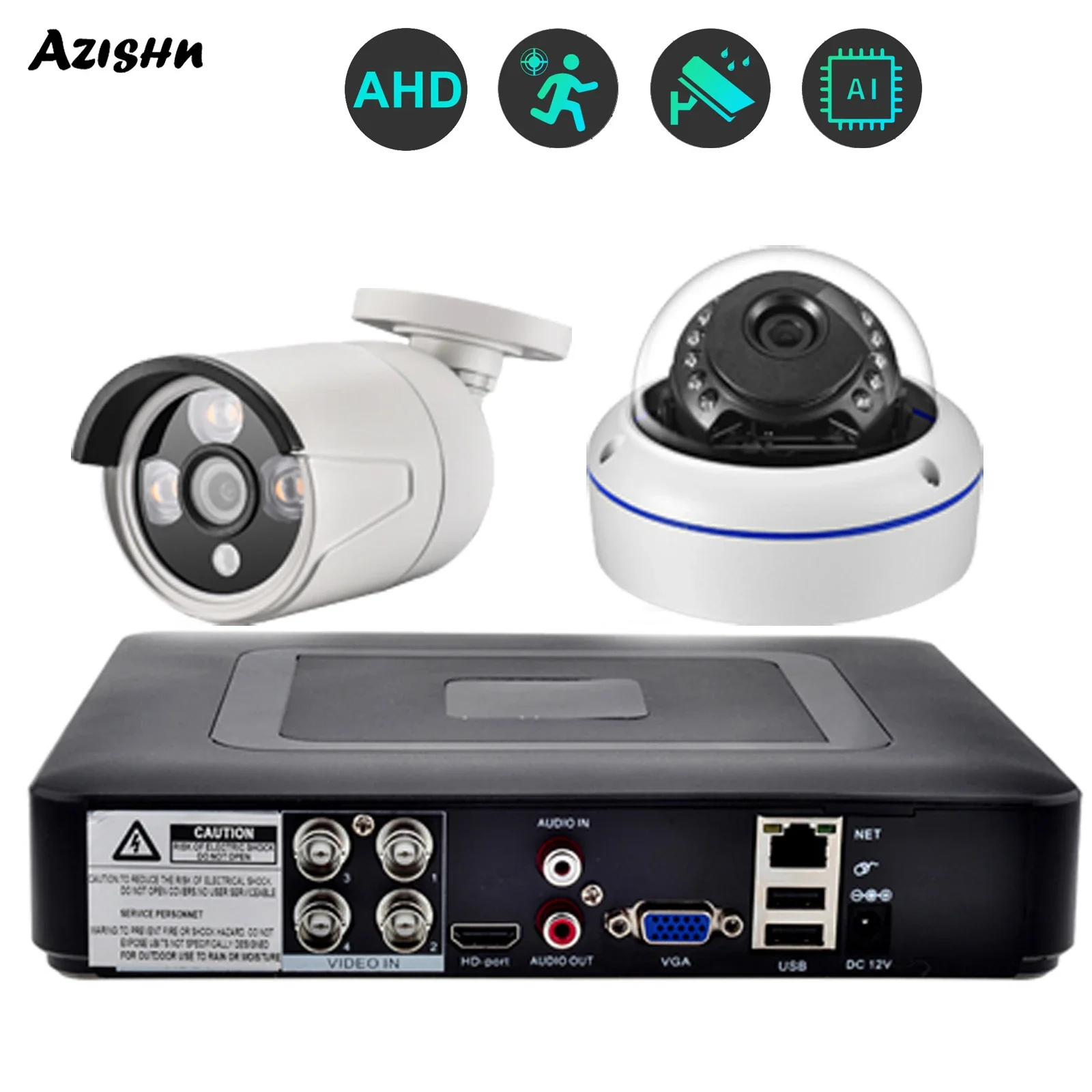 AZISHN 4CH 5MP AHD AI Security Camera System 5 in 1 CCTV Mini DVR Kit Outdoor 5MP Camera H.265X P2P Video Surveillance Set