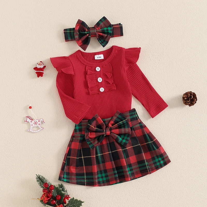 Manga comprida com nervuras do bebê Girls Romper, saia xadrez, Headband Set, roupas recém-nascidas, roupas de Natal