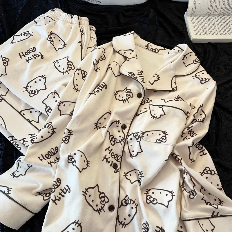 أزياء لطيف مرحبا كيتي المطبوعة الألمانية المخملية منامة للفتيات الساخن نمط الخريف والشتاء الدافئة عارضة السراويل ملابس المنزل مجموعة