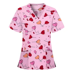 2024 Scrub Tops For Women Short Sleeve Cartoon Spa Uniform Medical Uniforms Beauty Pet Shop Nurse Uniform V Neck Tunic Pockets