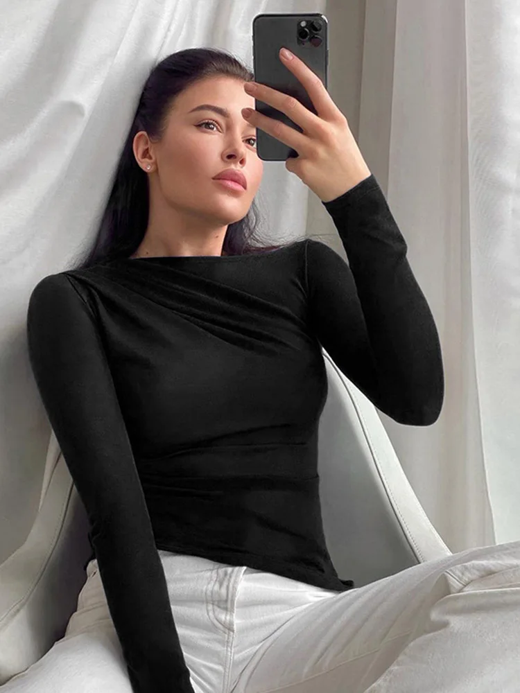 Long Sleeve Top White T-Shirts Women Basic Crop Top Autumn Pollover Solid Skew Neck T Shirt Streetwear Basic Black Y2K Tees