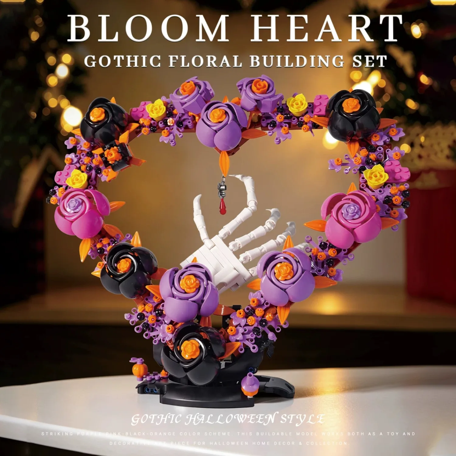 2 Types Heart Wreath with Skeleton Hand & Midnight Crescent Building Blocks Set Bloom Black Cat Flower Model DIY Bricks Toy Gift