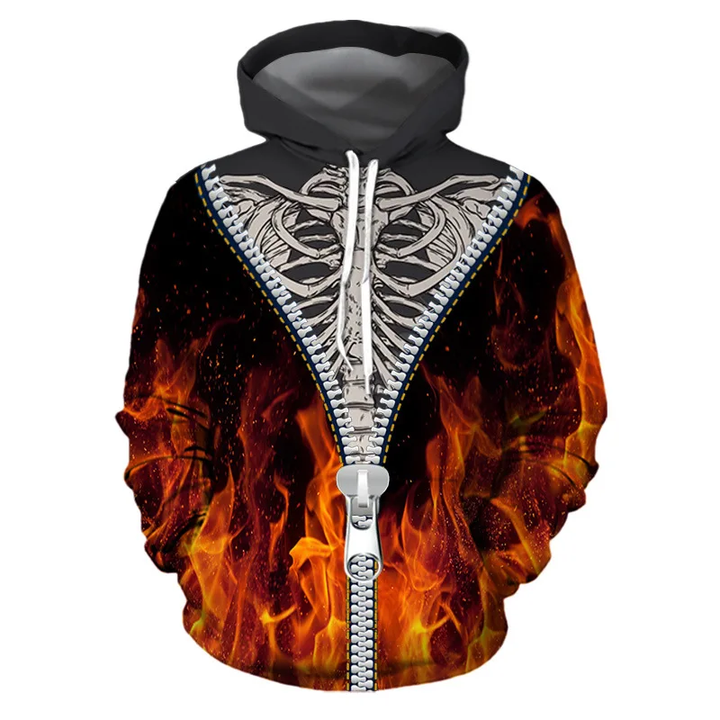 

2021 Autumn and Winter New Hallowee Flame Skull 3d Printing Hooded Loose Couple Shirt Jacket