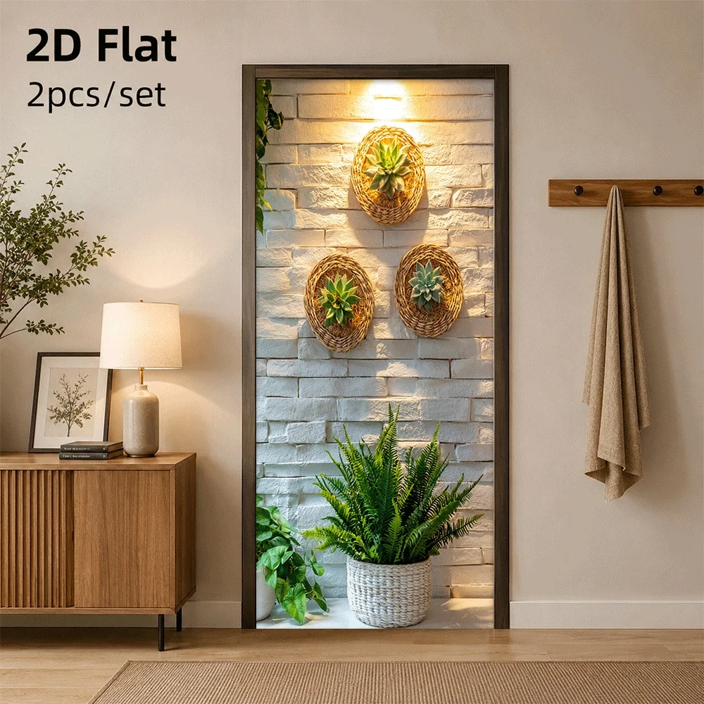 1 piece of natural wind simulation succulent plant door sticker creative weaving circular decorative sticker 2D flat