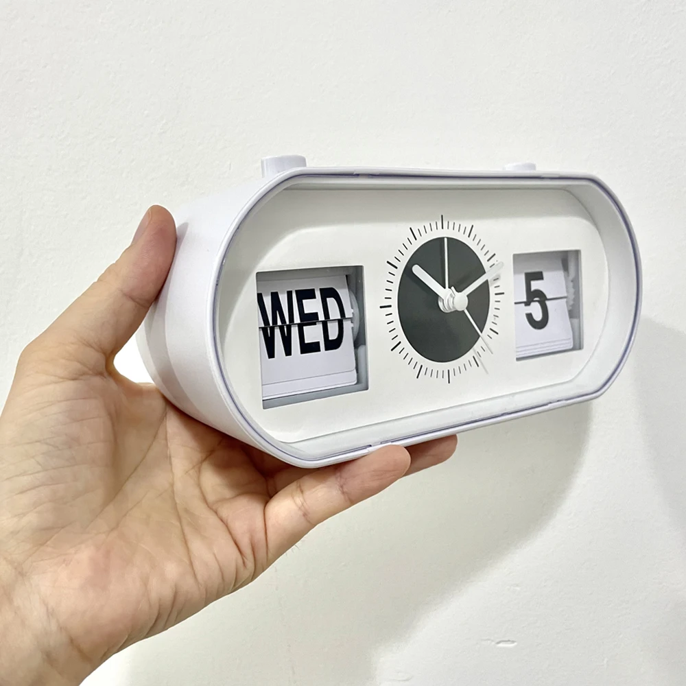 Manual Flip Clock, White/Silver Color Retro Calendar Clock, Perpetual Desk Alarm Clocks, Time Day Date Display