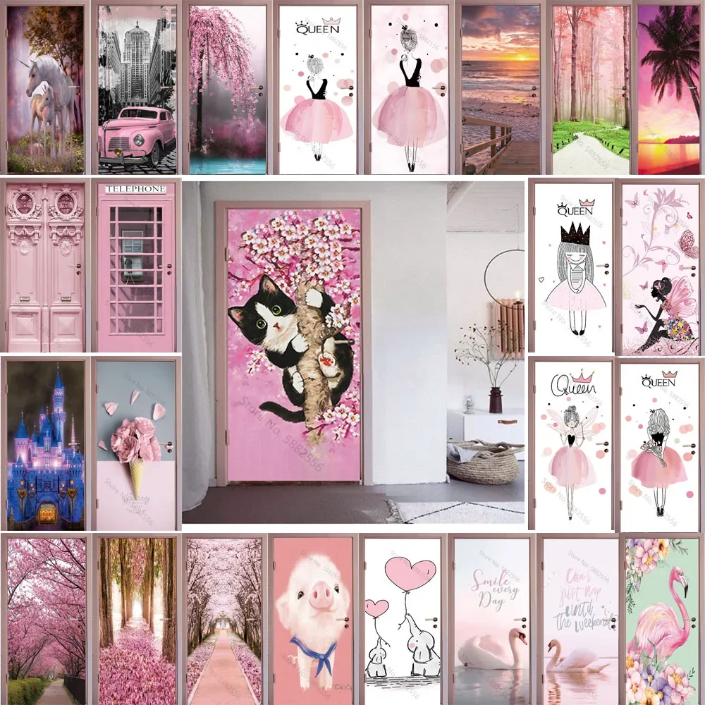 PVC Home Decor Pink Door Sticker bagno camera da letto autoadesivo Cat Girls Room Wallpaper ristrutturazione scenario Poster impermeabile