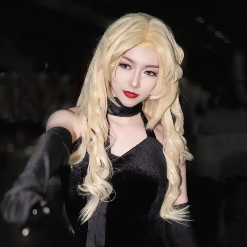 วิกผมปลอมสำหรับผู้หญิง สีทองอ่อน ผมยาวหยิก  แบบจำลองหนังศีรษะ ลอนใหญ่  แบบนักสืบโคนัน  แบบคลุมเต็มศีรษะ