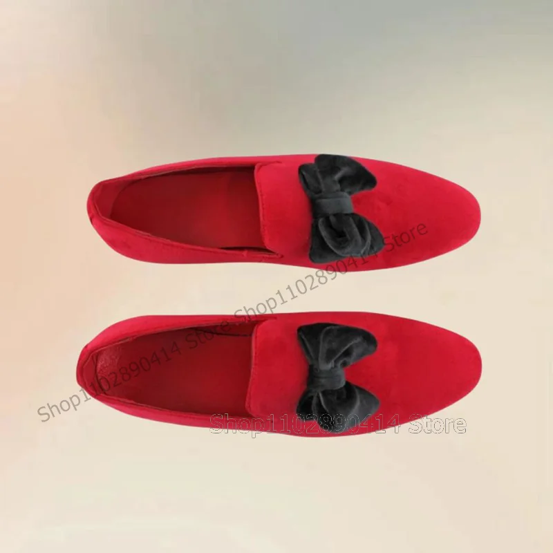 Black Bow Knot Decor Red Corduroy Men Loafers Fashion Slip On Men Shoes Luxurious Handmade Party Feast Banquet Men Casual Shoes