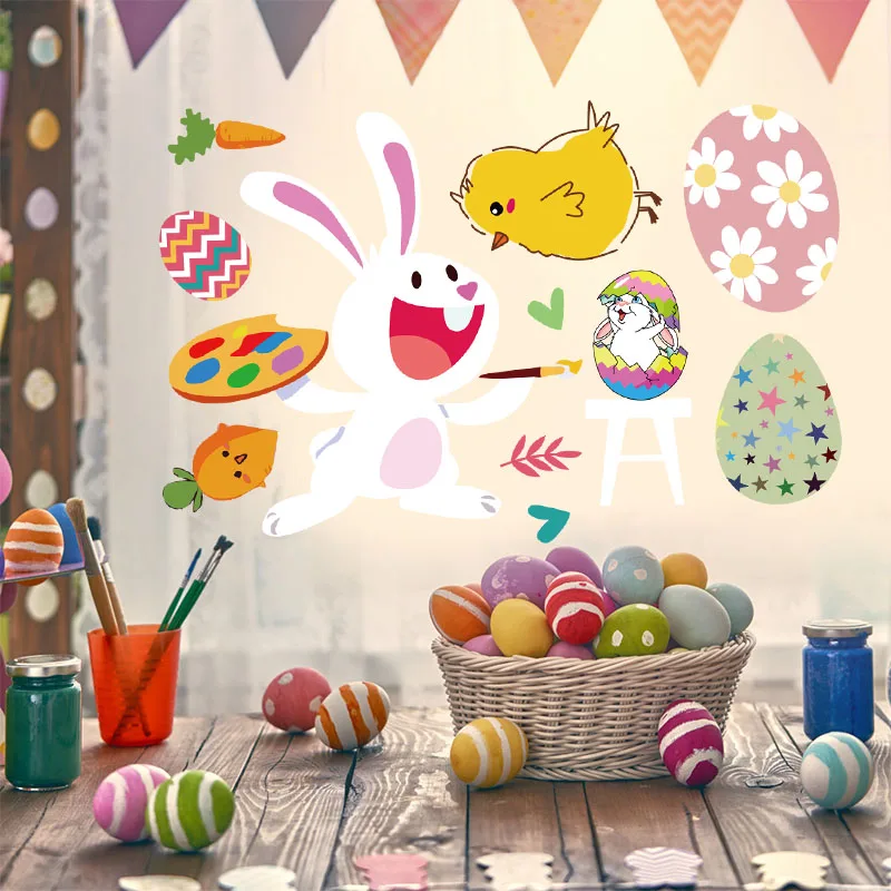 

9pcs Happy Easter Window Stickers Cartoon Rabbit Carrot Eggs Glass Sticker Easter Party DIY Decorations Kids Bedroom Wall Decals