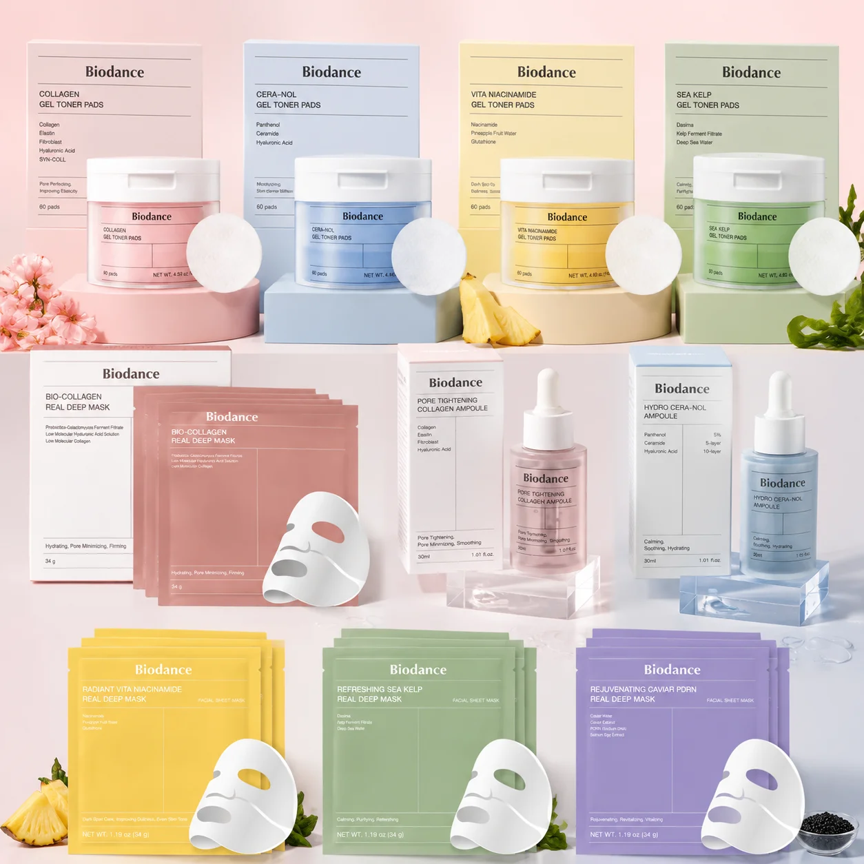 Ensemble de soins de la peau au bio-collagène Biodance - Masque gel de nuit, tampons toniques et essence en ampoule pour hydrater, repulper et soigner les pores