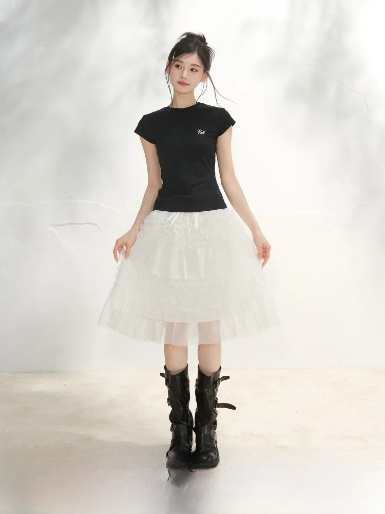 

ELEVEN SP Summer White Puffy Cake Skirt Women's Design Sensation Slimming Half Skirt Korean Style High Waist Ball Gown Skirt