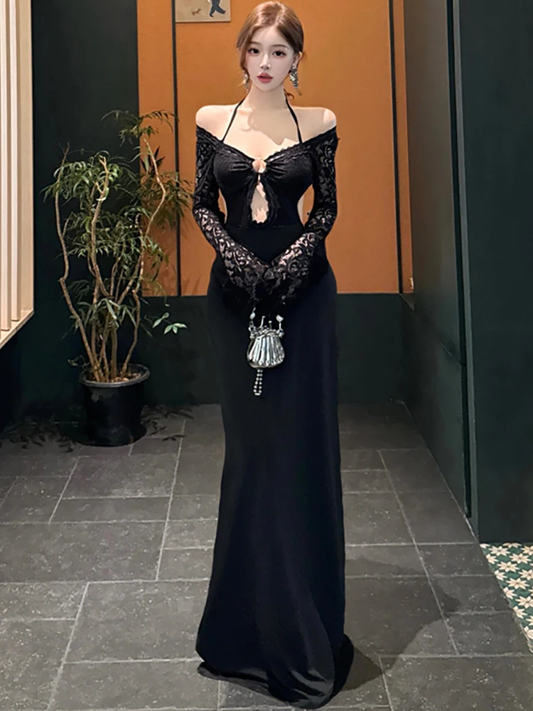 Vestido coreano Vintage Hepburn para mujer, vestido Sexy con espalda descubierta y encaje de retales negros para otoño e invierno, vestido elegante ajustado de lujo para graduación 2025