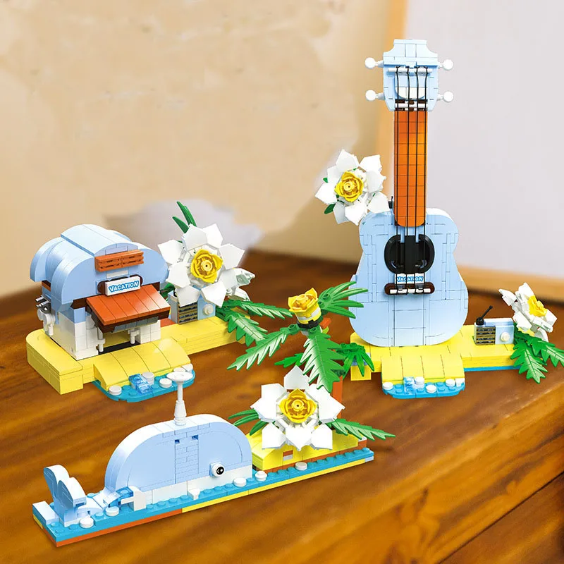 

MOC 3 in 1 Ukulele Musical Instrument Building Blocks Set Whale Hut Floral Skyline DIY Toy For Birthday Holiday Special Day Gift