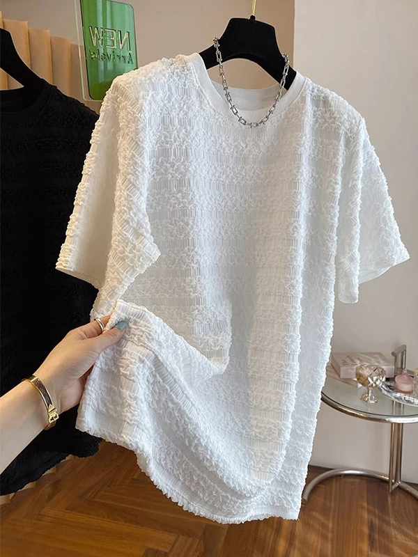 

plus Size Women's T-Shirt 300 Pounds European Goods Bubble Short Sleeve Loose Casual Lazy Style Summer Top Breathable Skin-Fr...