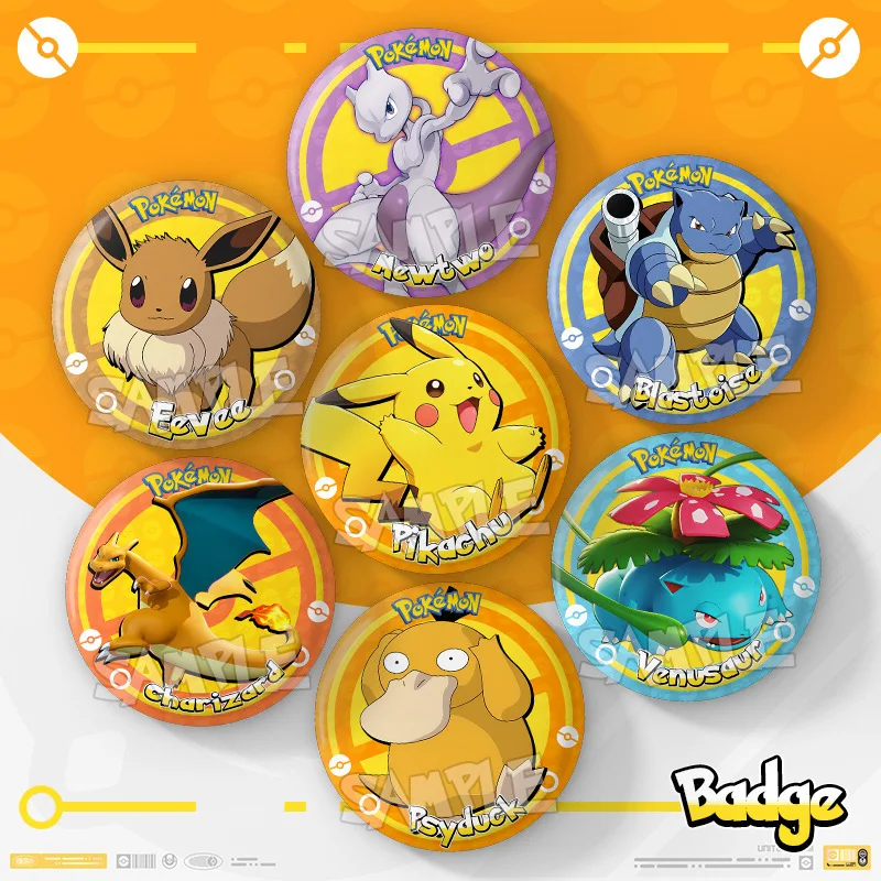Miniso pikachu emblema anime dos desenhos animados moda charmander eevee mewtwo 75mm duplo flash emblema roupas emblema fãs coleção presente
