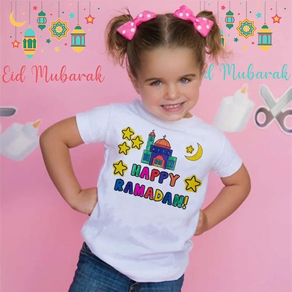 Happy Ramadan Mubarak Print Children's Clothes Boy Girl T-shirt Eid Ramadan Kids T Shirt Short Sleeve Islamic Muslim Outfit Tops